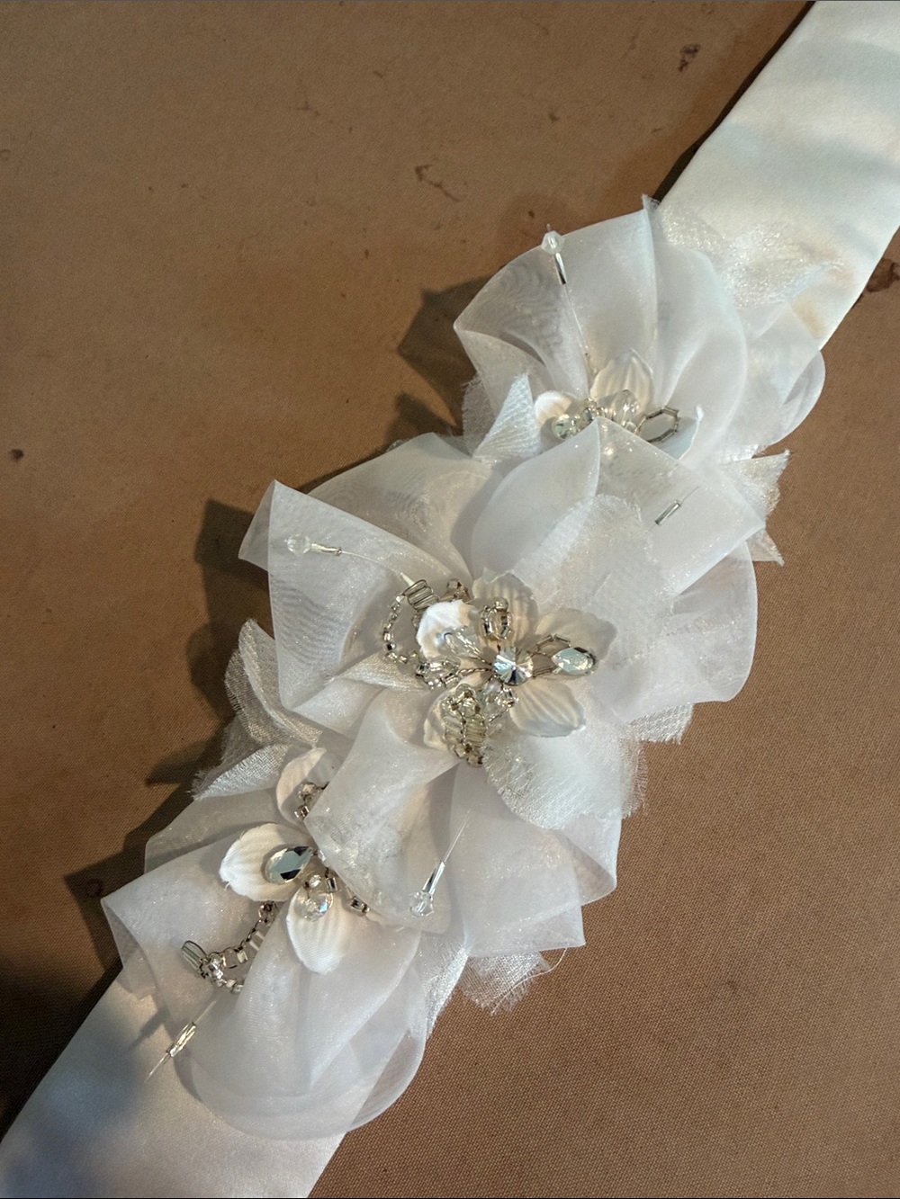 White Floral Crystal Applique Waist Belt - Bridal Ribbon Sash